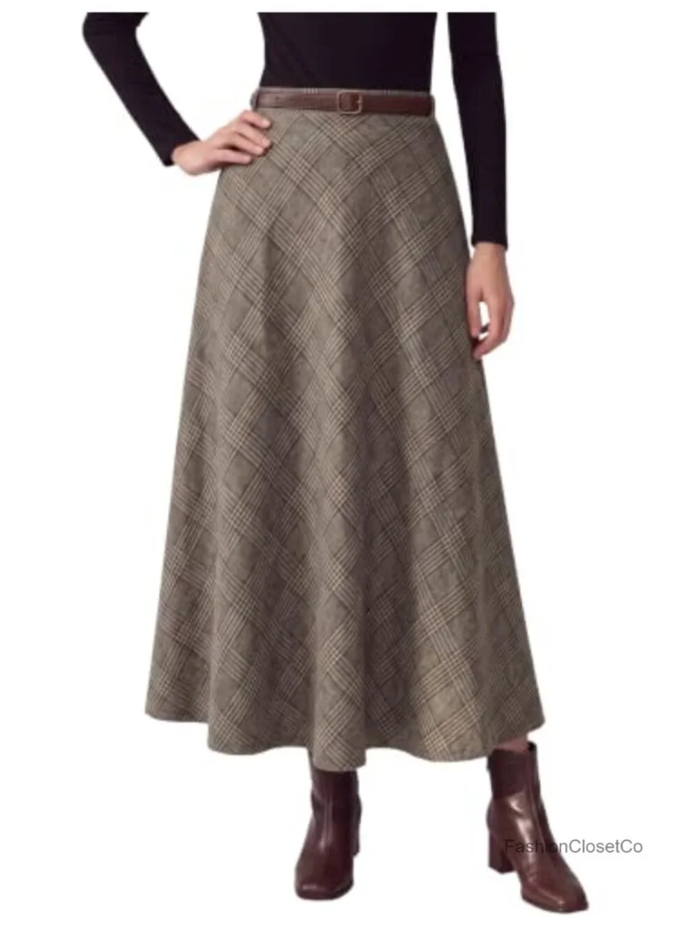 Vintage Plaid A-Line Midi Skirt High Waist Tartan Flowy Pockets